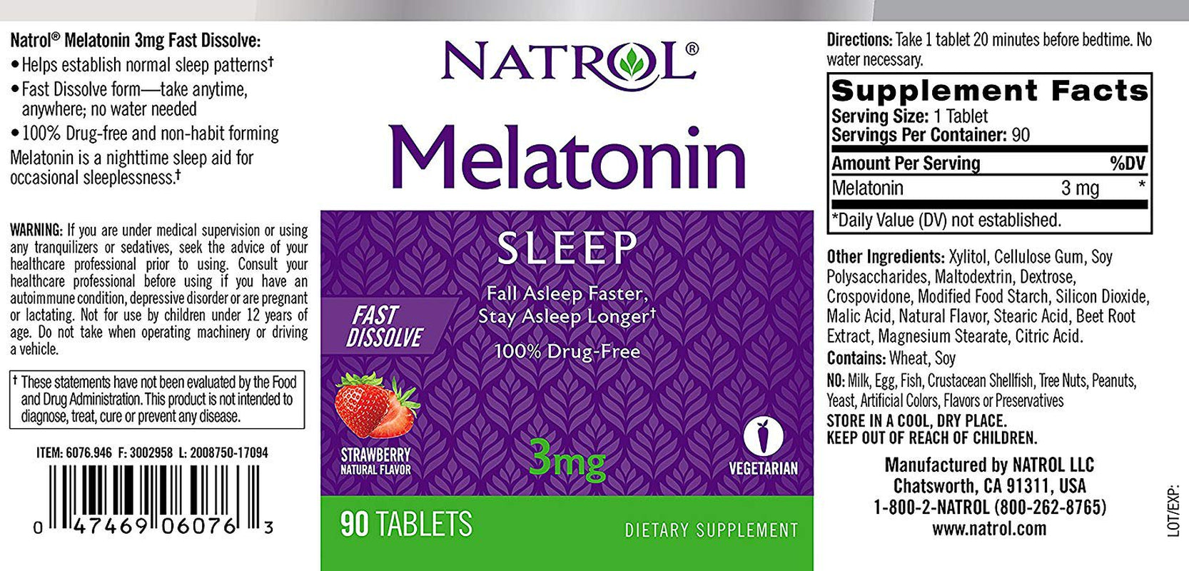 Natrol Melatonin Fast Dissolve Tablets, Strawberry 3 Mg 90 Ea (Pack of 2)