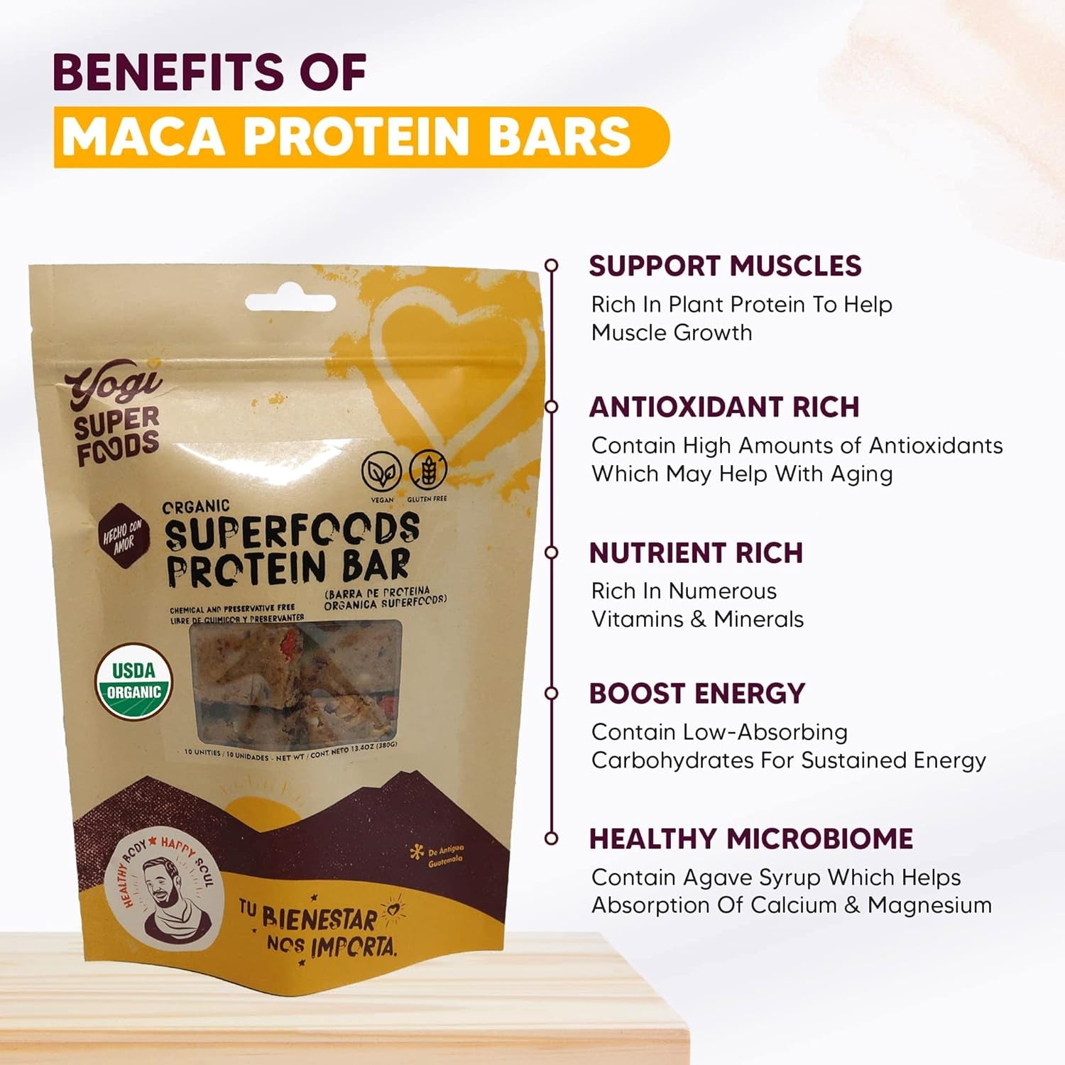 Yogi Super Foods Maca Protein Bars with Cacao for Healthy Energy - Organic, Vegan, Gluten Free, Low Glycemic Superfood Snack Food Bars with Plant Protein, Cocoa Powder & Granola - 10 Bars