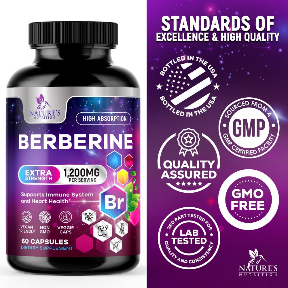 Berberine Supplement 1200Mg per Serving - High Absorption Heart Health Support & Immune System Support - Berberine plus - Berberine HCL Supplement Pills, Gluten-Free, Non-Gmo - 60 Veggie Capsules