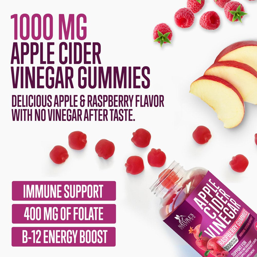 Vegan Apple Cider Vinegar Gummies 1000Mg for Detox and Cleanse, Nature'S ACV Gummy Vitamins B12 Supplement for Digestion, Natural Apple Raspberry Flavor, Non-Gmo, Gluten Free for Adults - 120 Gummies