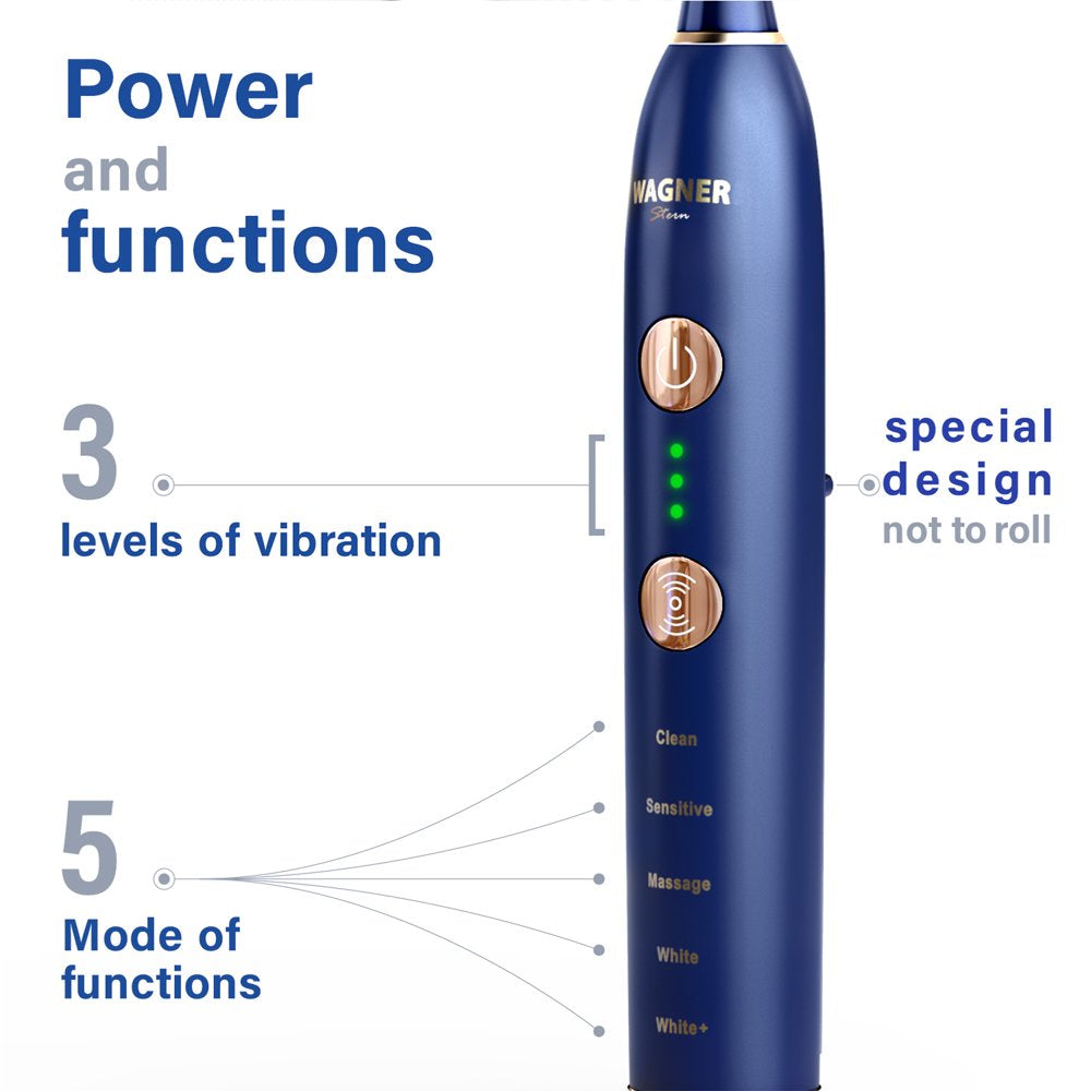 Wagner & Stern WHITEN+ Edition. Smart Electric Toothbrush with Pressure Sensor. 5 Brushing Modes and 3 Intensity Levels, 8 Dupont Bristles, Premium Travel Case