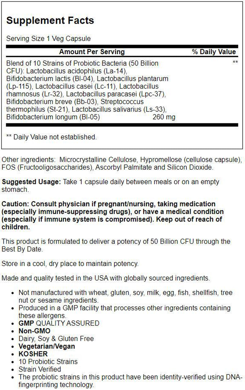 NOW Supplements, Probiotic-10™, 50 Billion, with 10 Probiotic Strains, Strain Verified, 50 Veg Capsules