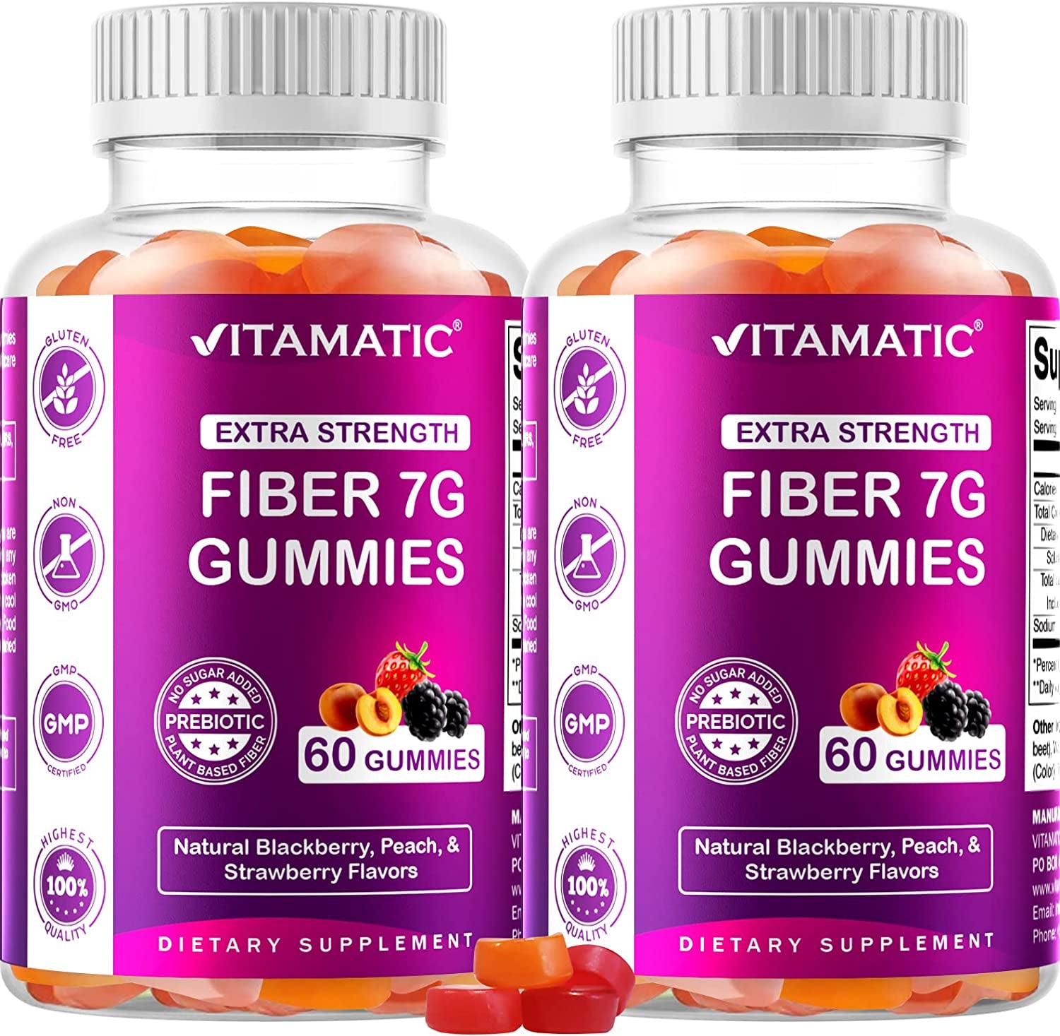 Vitamatic 2 Pack Prebiotic Fiber Gummies for Adults - 7G Fiber Extra Strength - Zero Sugar Added - 60 Pectin Based Gummies - Digestive Health & Regularity Support