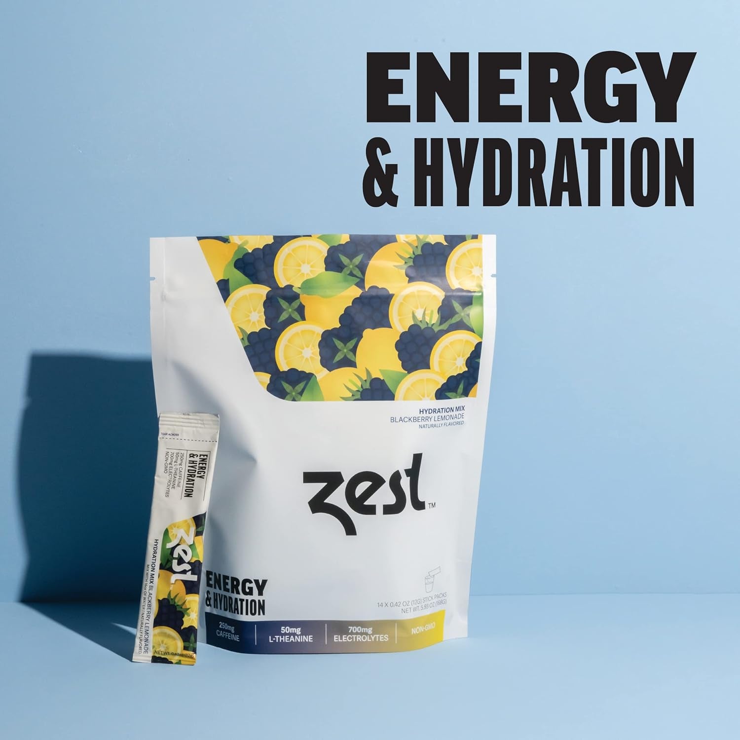 Zest Caffeine Powder 250Mg - Natural Caffeine Energy & Electrolyte Powder - Blackberry Lemonade - Mix W/Water - 14 Packets - Low Sugar Liquid Rehydration - Pre Workout Drink - IV Pillars of Hydration