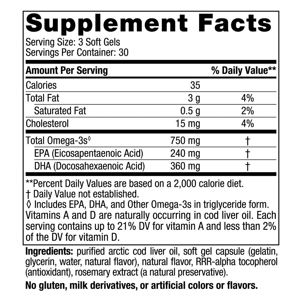 Nordic Naturals Arctic Cod Liver Oil Softgels, 750 Mg, Lemon, Non-Gmo 90 Ct