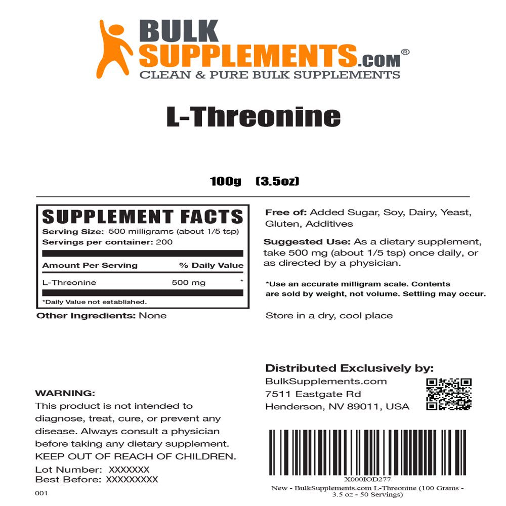 Bulksupplements.Com L-Threonine Powder, 500Mg - Mood Enhancer Supplement (100 Grams)