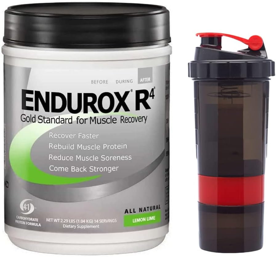 Endurox Pacifichealth R4, Post Workout Recovery Drink Mix with Protein, Carbs, Electrolytes and Antioxidants for Superior Muscle Recovery, Net Wt. 2.29 Lb, 14 Serving (Lemon Lime) with Shaker