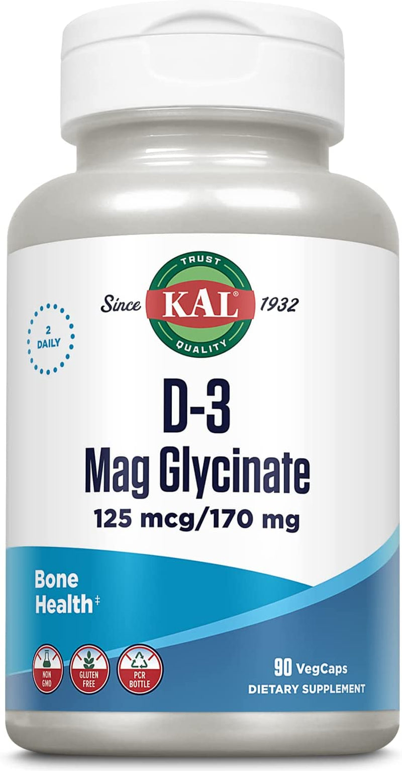 KAL Vitamin D3 & Magnesium Glycinate, Enhanced Absorption Formula with Bioperine, Muscle & Bone Health Support, Immune Support & More, Non-Gmo, Gluten Free, 45 Servings, 90 Vegcaps