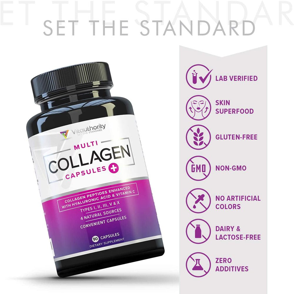 Vitauthority Multi Collagen Pills for Women & Men - Hydrolyzed Collagen Peptides with Vitamin C and Hyaluronic Acid 90Ct