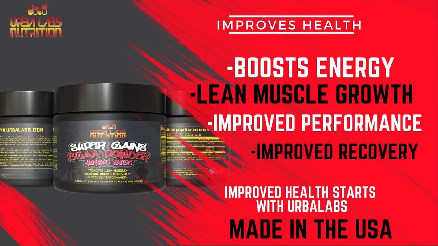 Urbalabs Super Gains BCAA Powder Blast Jungle Juice Post Workout Muscle Recovery Amino Acids Supplement Electrolytes Powder, Keto, Vegan, Sugar Free Bcaas Increase Protein Synthesis