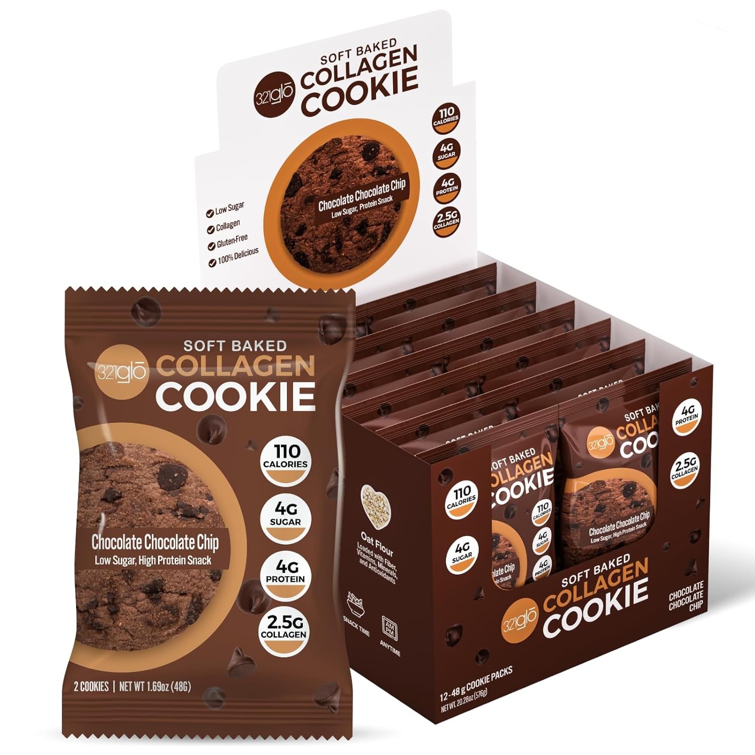 321Glo Collagen Cookies | Soft Baked, High Protein Cookies | Low Carb, Low Sugar | Keto Snack for Women, Men, & Kids | 12 Pack (Chocolate Chocolate Chip)