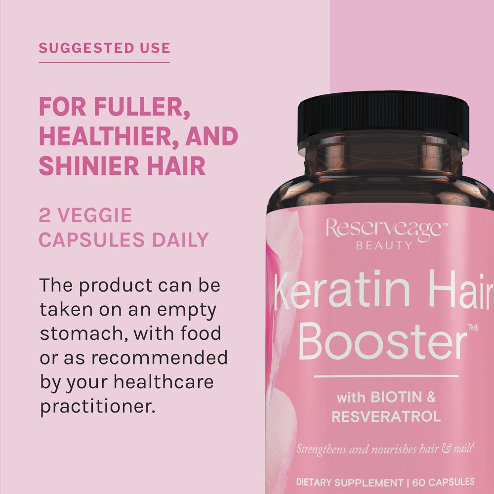 Reserveage, Keratin Hair Booster, Hair and Nails Supplement, Supports Healthy Thickness and Shine with Biotin, 60 Capsules (30 Servings)