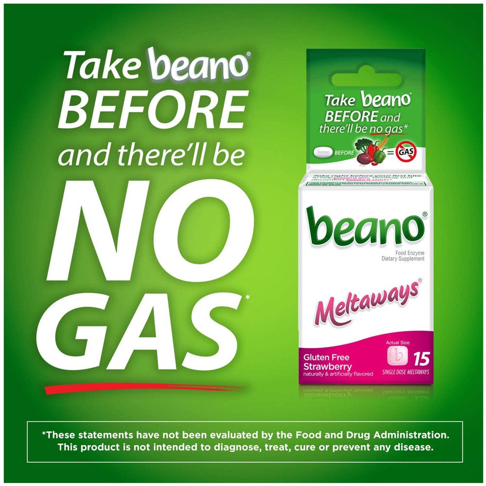 Beano Meltaways, Gas Prevention & Digestive Enzyme Supplement, Strawberry Flavor, 15 Count