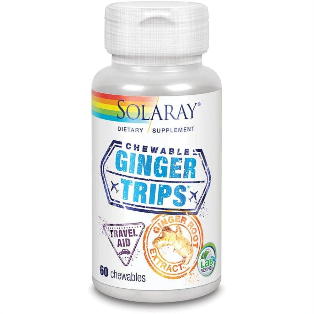 Solaray Ginger Trips Travel Aid | Root Extract | Healthy Digestive Support W/ Honey, Stevia & Molasses | 60 Chewables