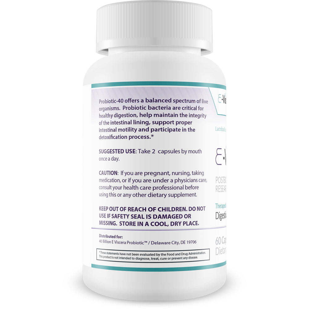 40 Billion E-Viscera-3 Probiotic Supplement - Postbiotic Active Cultures Research Formulation for Digestive and Immune Health - Therapeutic Grade Nutraceutical - 60 Veggie Capsules