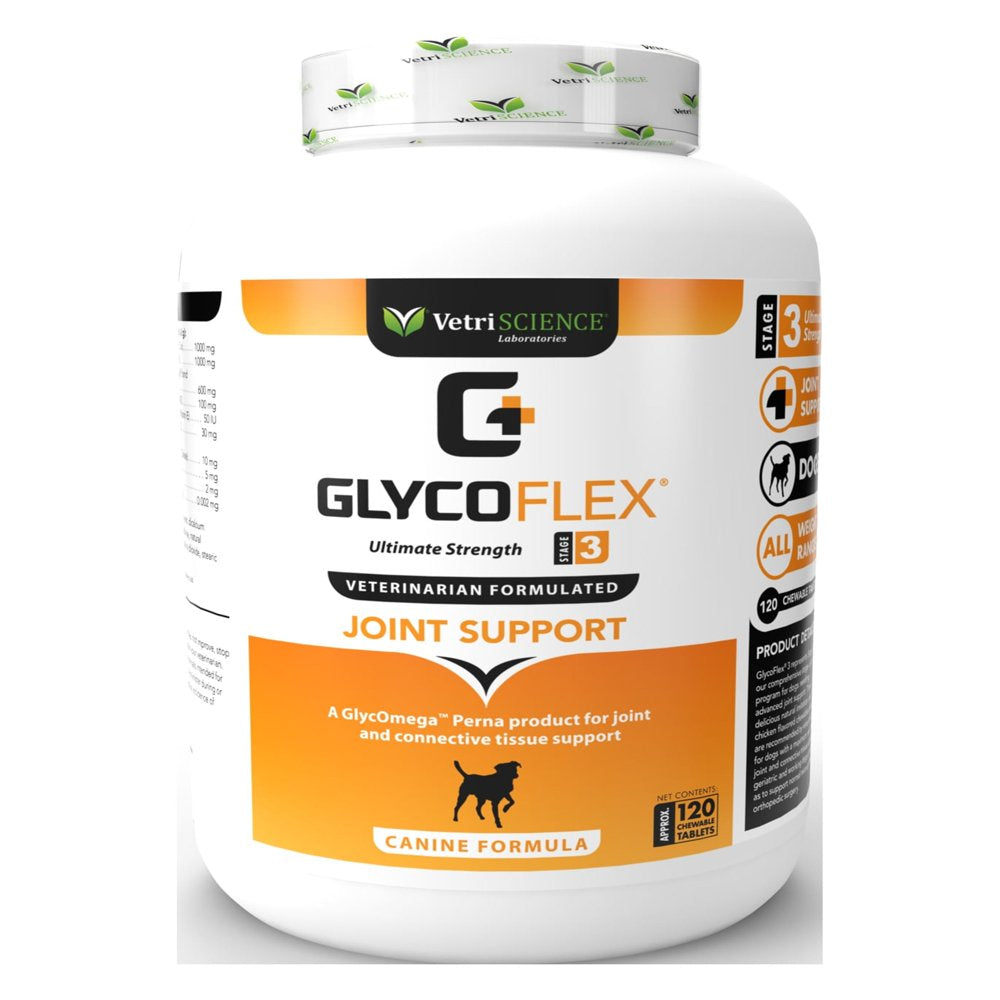 Vetriscience Laboratories Glycoflex 3, Hip and Joint Supplement for Dogs, Roast Chicken Flavor, 120 Chewable Tablets