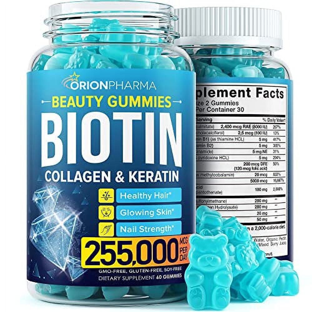 Hair Vitamins Natural Gummies - Biotin Multivitamin for Hair, Skin & Nails with Collagen & Keratin - anti Aging Collagen Gummy Vitamins for Men & Women - Hair & Nail Growth Gummies - 60Psc