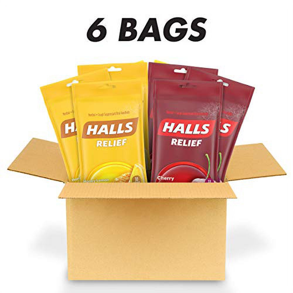 HALLS Relief Variety Pack Honey Lemon and Cherry Cough Drops, 6 Packs of 30 Drops (180 Total Drops)