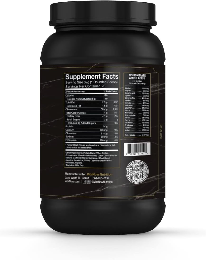 VITANOW NUTRITION Whey Premium Protein + Hydrolyzed Isolate, Sugar-Free, Natural and Artificial Flavor, BCAAS 5.1G, 907G, 28 Servings (Chocolate Milkshake)