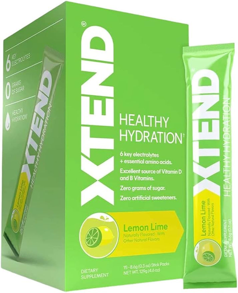 XTEND Healthy Hydration | Superior Hydration Powder Packets | Electrolyte Drink Mix | 3 Essential Amino Acids | NSF Certified for Sport | 15 Sticks, Lemon Lime