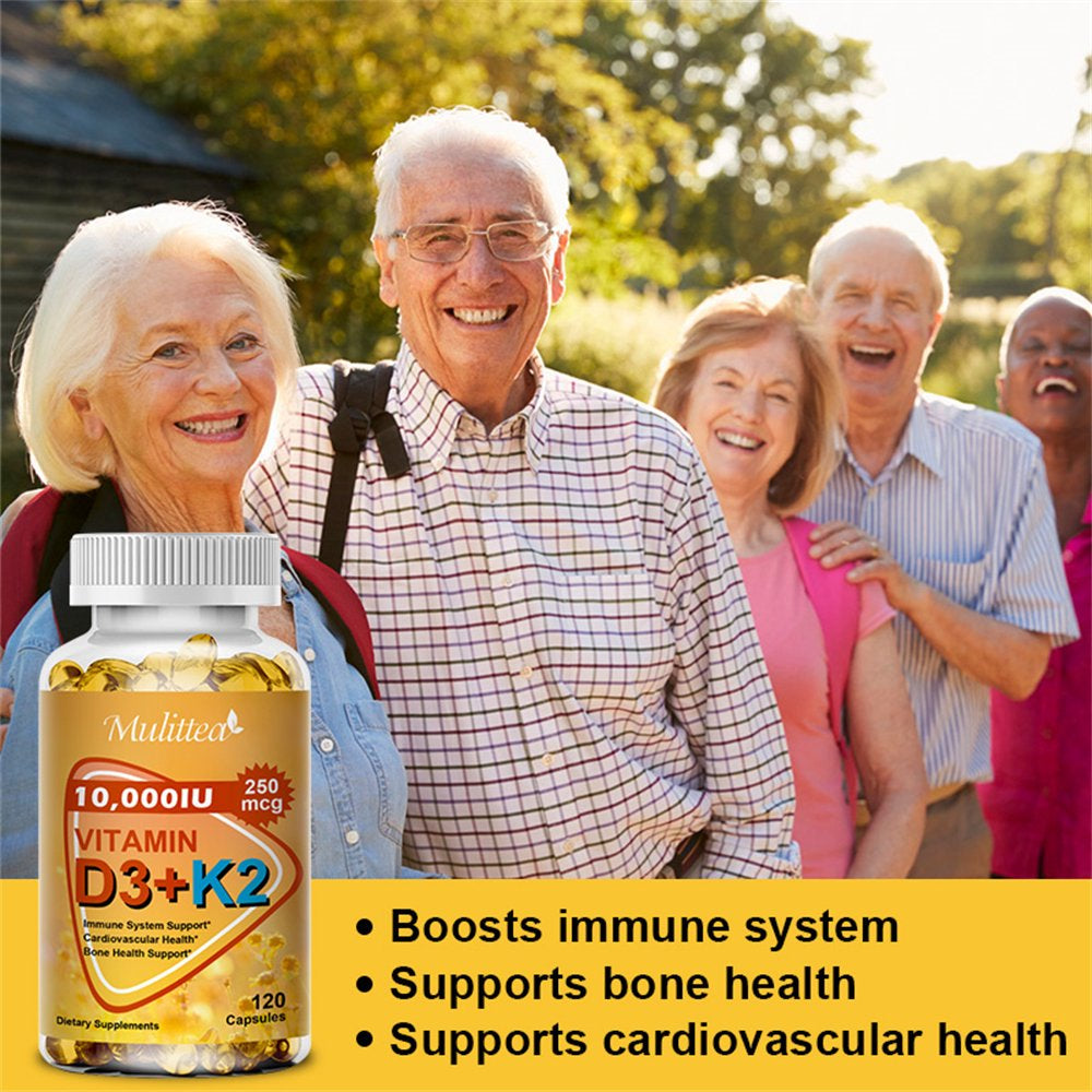 Mulittea Vitamins D3 with K2 Supplement, 10000 IU Extra Strength, Support Bone & Joint Health, Increase Immunity, 120 Capsules