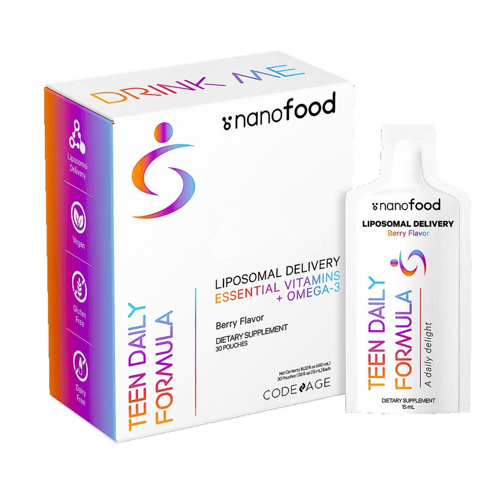 Codeage Nanofood Multivitamin Liquid for Teenagers Boys Girls, Zinc, Teen Daily Support, 30 Pouches