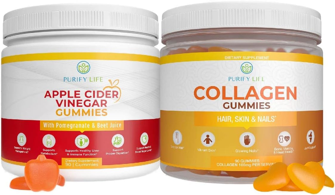 Apple Cider Vinegar & Collagen Bundle, Gummies for Womens Hair Growth, Healthier Skin & Nails (Bulk 90 Gummies) Joint Care Vitamin, Immune Support, Detox, Metabolism, Mens Womens Acid Reflux