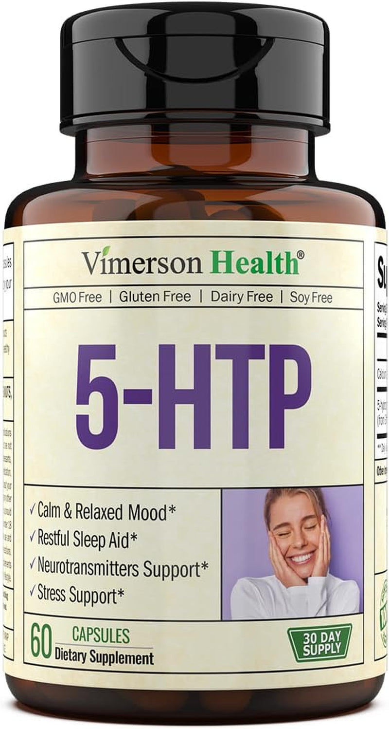 5HTP Serotonin Supplements for Women & Men. Sleep Aid & Occasional Stress Support - 5 HTP plus Supplement 200 Mg with Calcium for Sleep, Calm Mood, & Neurotransmitter Support. 60 Capsules Made in USA