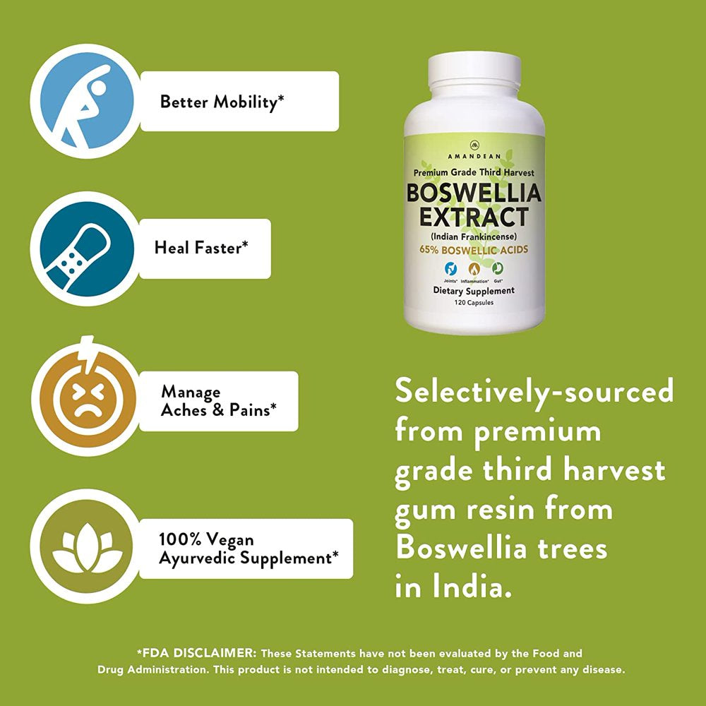 Amandean Boswellia Serrata Extract. 500Mg 120 Veggie Capsules. 65% Boswellic Acids with AKBA. Natural Ayurvedic Supplement (Indian Frankincense). Premium 3Rd Harvest.