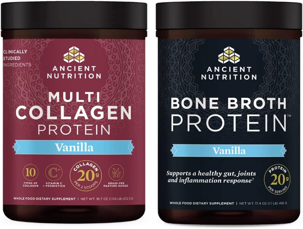 Ancient Nutrition Multi Collagen Protein Powder, Vanilla, 45 Servings + Bone Broth Protein Powder, Vanilla, 20 Servings