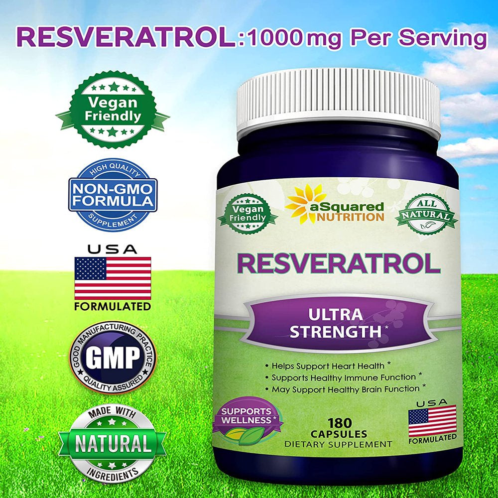 100% Natural Resveratrol - 1000Mg per Serving Max Strength (180 Capsules) Antioxidant Supplement, Trans-Resveratrol Pills for Heart Health & Pure Weight Loss, Trans Resveratrol for Anti-Aging