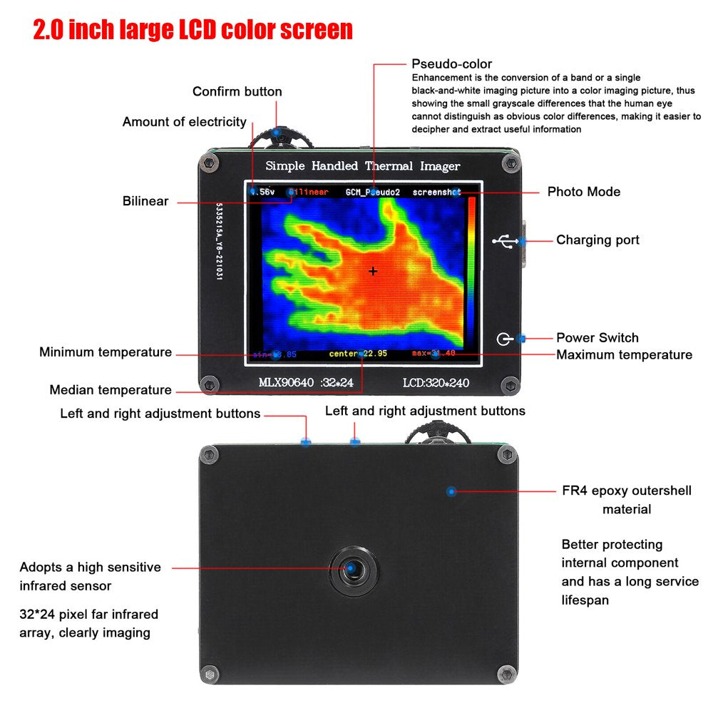 24 * 32 Pixel Infrared Sensor Simple Handheld Thermal Imager Portable 2.0Inch LCD Display 240*320 Resolution Clear Definition Imaging Camera -40℃ to 300℃ Temperature Measurement Instrument