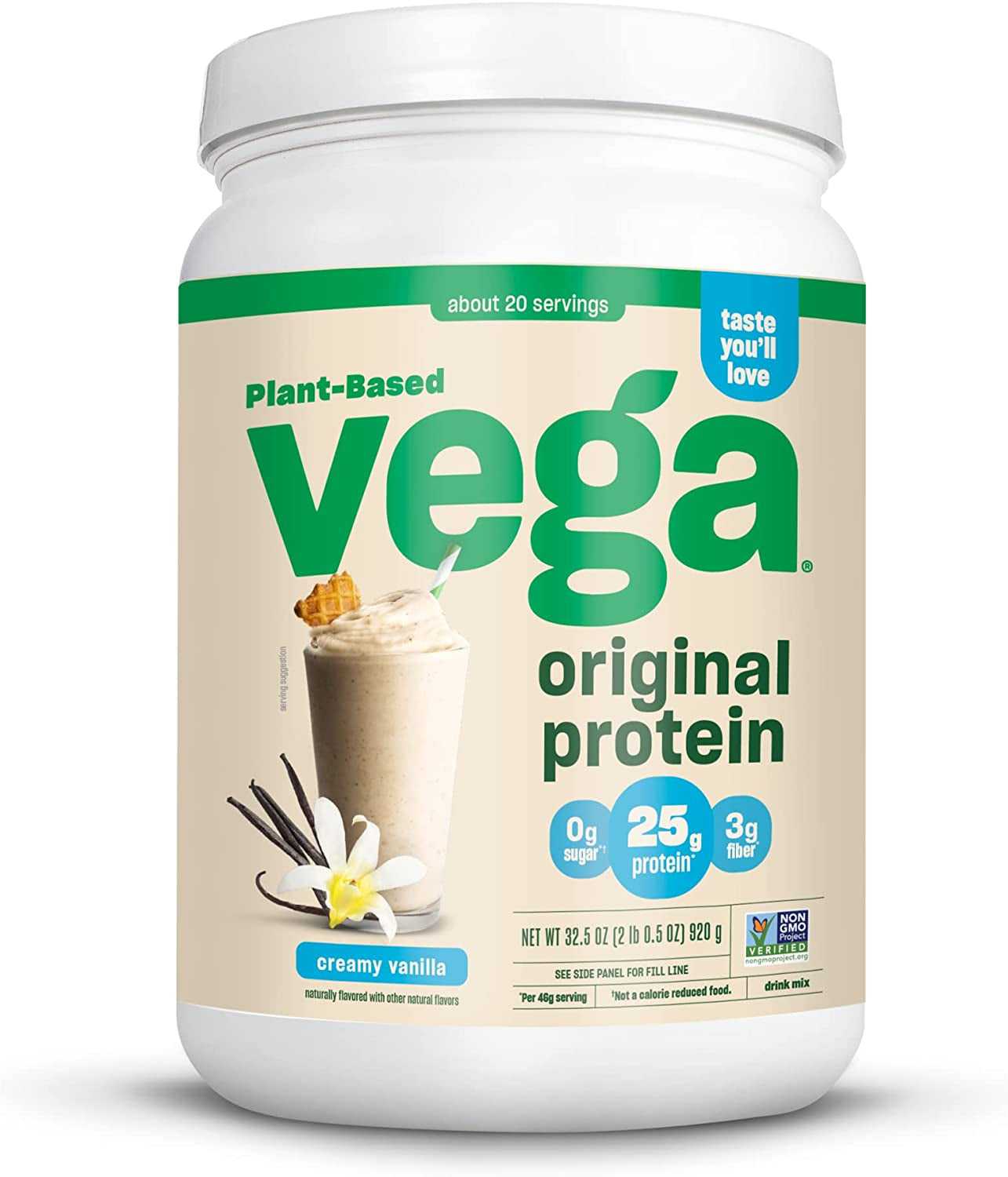 Vega Original Protein Powder, Creamy Vanilla Plant Based Protein Drink Mix for Water, Milk and Smoothies, 32.5 Oz