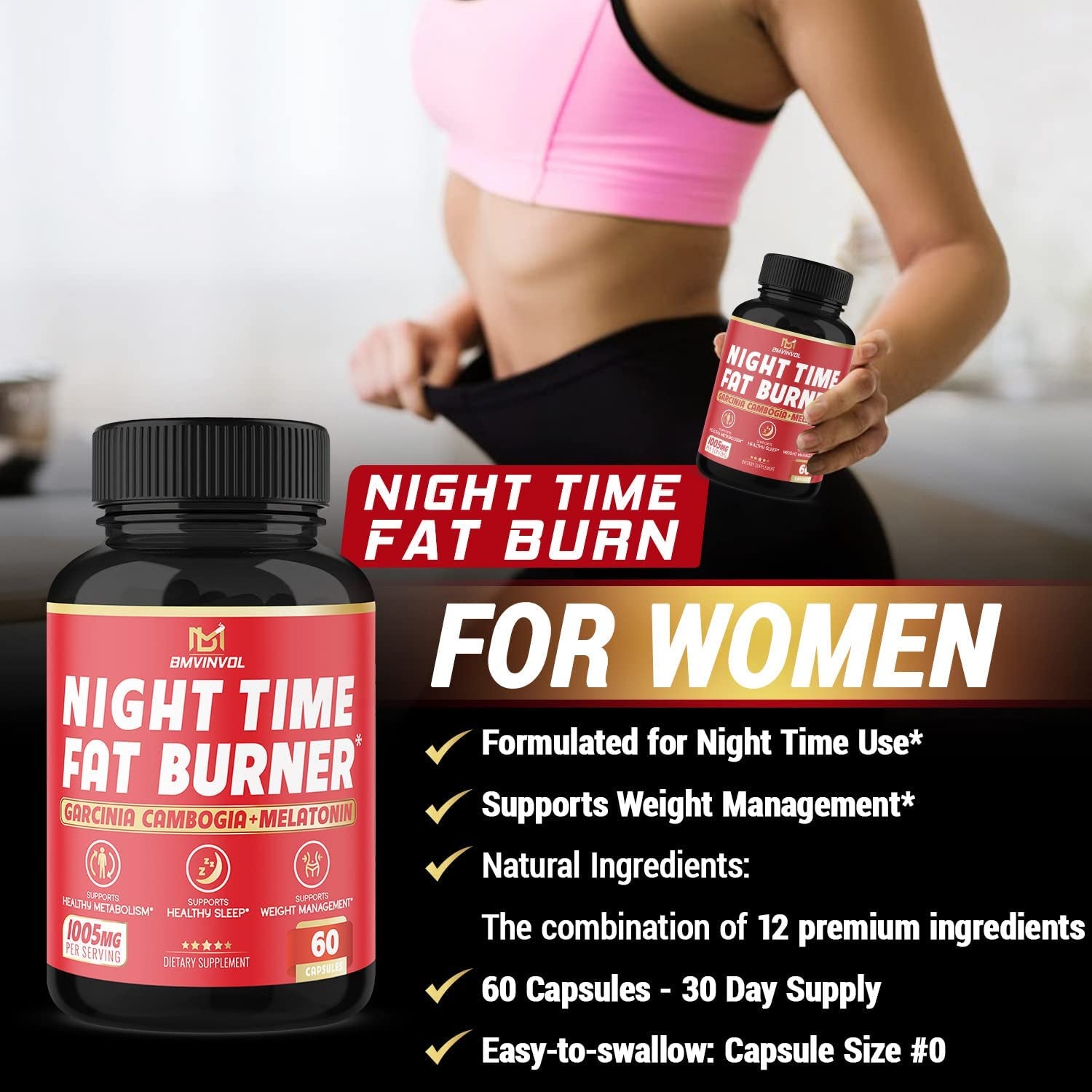 BMVINVOL Night Time Fat Burner, 12-In-1 Powerful Blend of Green Tea, Ceylon Cinnamon, Garcinia Cambogia, Green Coffee Bean, White Kidney Bean, Lemon Balm, Passion Flower