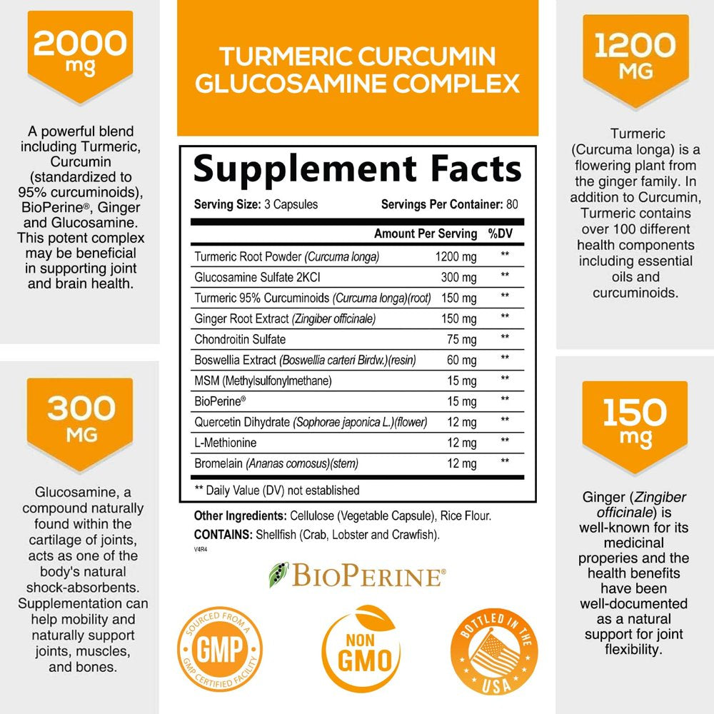 Turmeric Curcumin with Bioperine, Ginger & Glucosamine 95% Curcuminoids 2000Mg - Black Pepper for Max Absorption, Joint Support, Nature'S Tumeric Extract Supplement, Non-Gmo - 240 Capsules