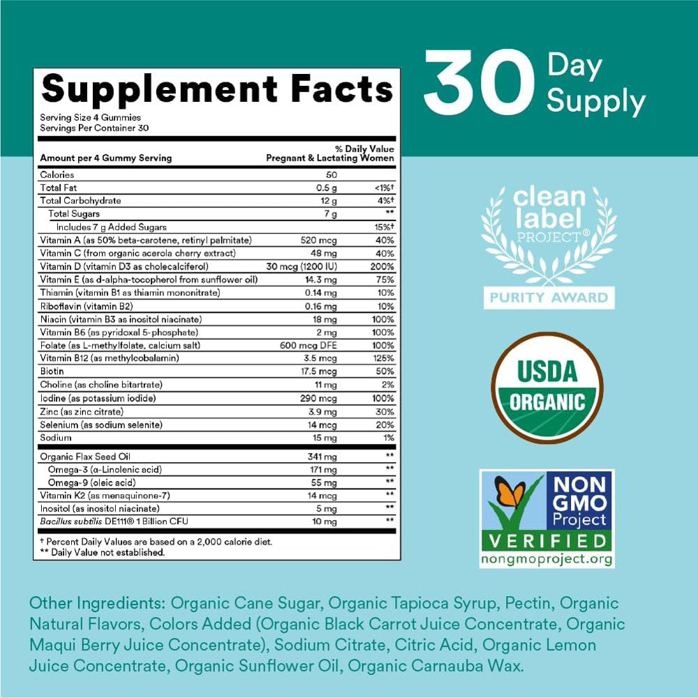 Smartypants Organic Prenatal Vitamins for Women, Multivitamin Gummies: Probiotics, Biotin, Methylfolate, Omega 3 (ALA), Vitamin D3, C, Vitamin B12, B6, Vitamin A, K & Zinc, 120 Count (30 Day Supply)