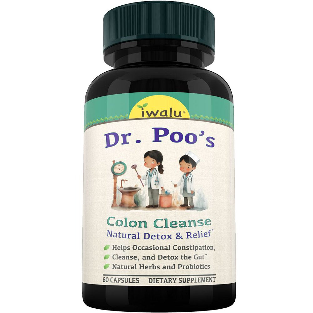Dr Poos Colon Cleanse Detox & Repair - Fast Acting Constipation Relief, Extra Strength Cleansing & Bloating Support, Probiotic, Cascara Laxative, Bentonite Psyllium Fiber Supplement Iwalu 60 Capsules