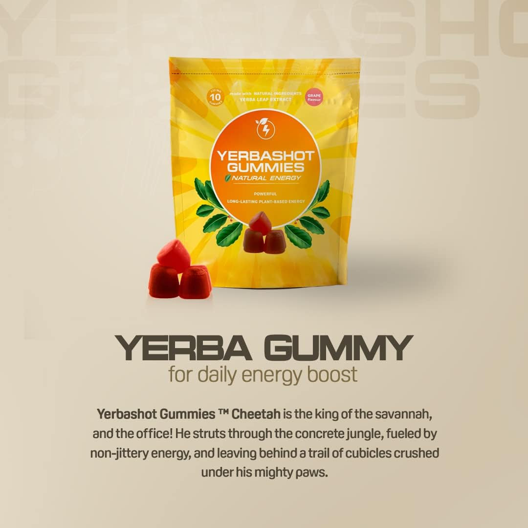 Yerbashot Energy Gummies - Natural Yerba Mate and Guarana Caffeine Chews for Instant Energy, Organic, Healthy Vegan Fast Fuel Gummies Boost. B12, B1, Taurine, Lysine. 10 Pack, Grape Flavor