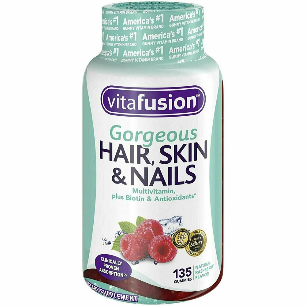 Vitafusion Gorgeous Hair, Skin & Nail Multivitamins Gummies, Natural Raspberry Flavor 135 Ea (Pack of 2)