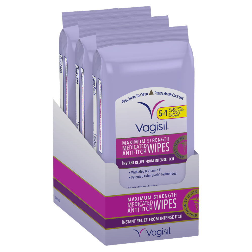 Vagisil Anti-Itch Medicated Wipes, Maximum Strength for Instant Relief, 20 Count, 3 Pack