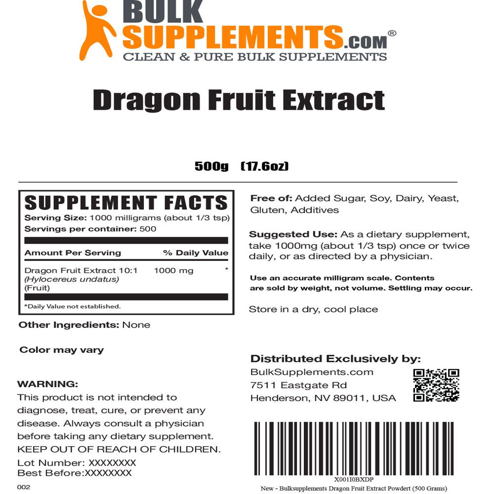 Bulksupplements.Com Dragon Fruit Extract Powder, 1000Mg - Hair, Skin, & Teeth Support (500G - 500 Serv)