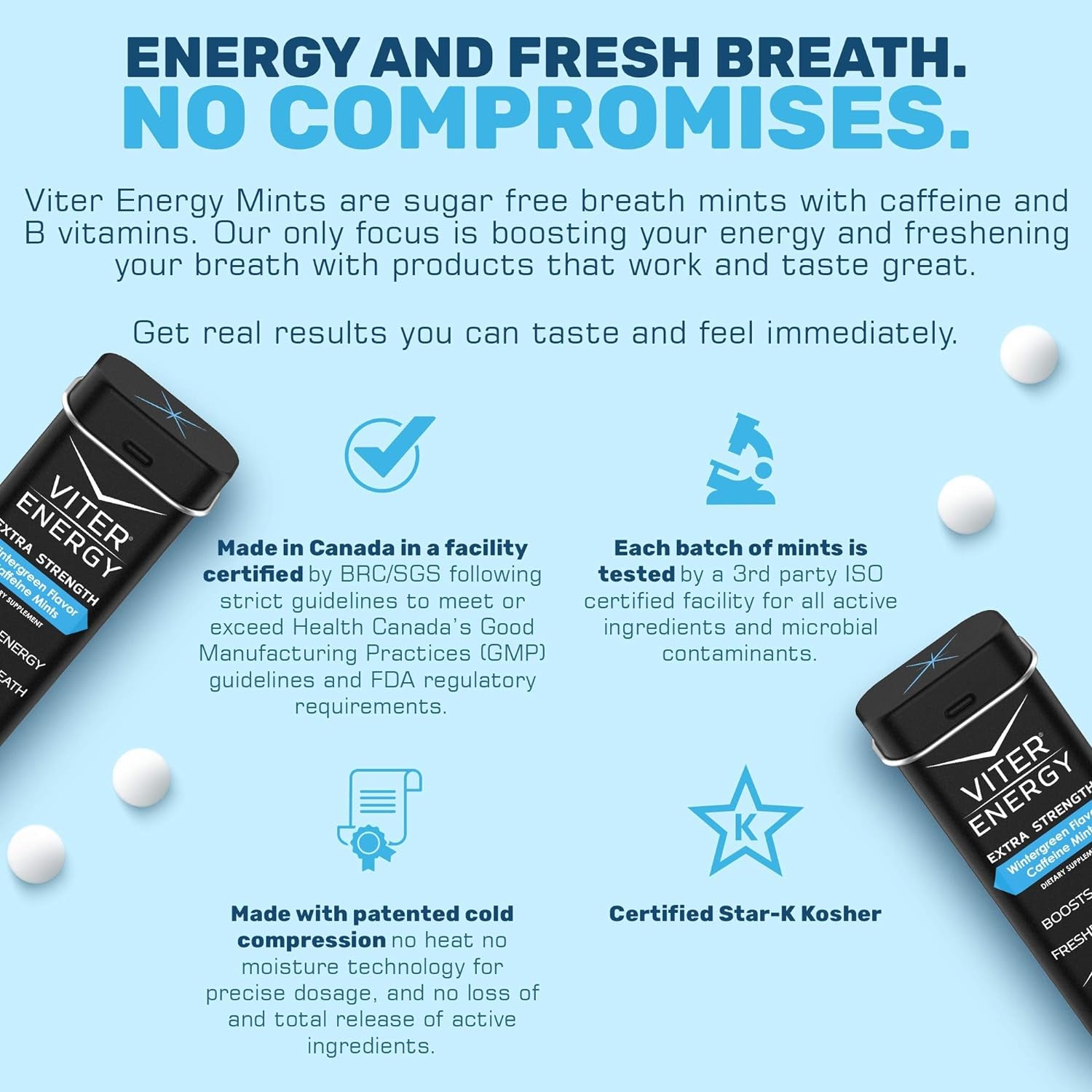 Viter Energy Extra Strength Caffeine Mints Wintergreen Flavor 6 Pack and Caffeine Gum Variety Flavor Sampler Pack Bundle - Caffeine, B Vitamins, Sugar Free, Vegan, Powerful Energy & Focus Booster