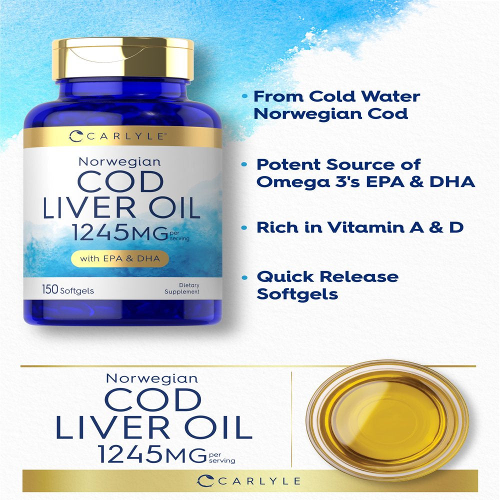 Norwegian Cod Liver Oil Softgels with EPA & DHA 1245Mg | 150 Count | Liquid Capsules | by Carlyle