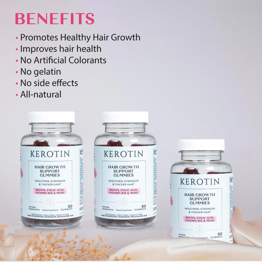 Kerotin Hair Growth Gummies - Vegetarian, Natural and 100% Made in the US - for Thinning Hair and Faster Growth - Berry Flavored, Contains Biotin and Essential Vitamins