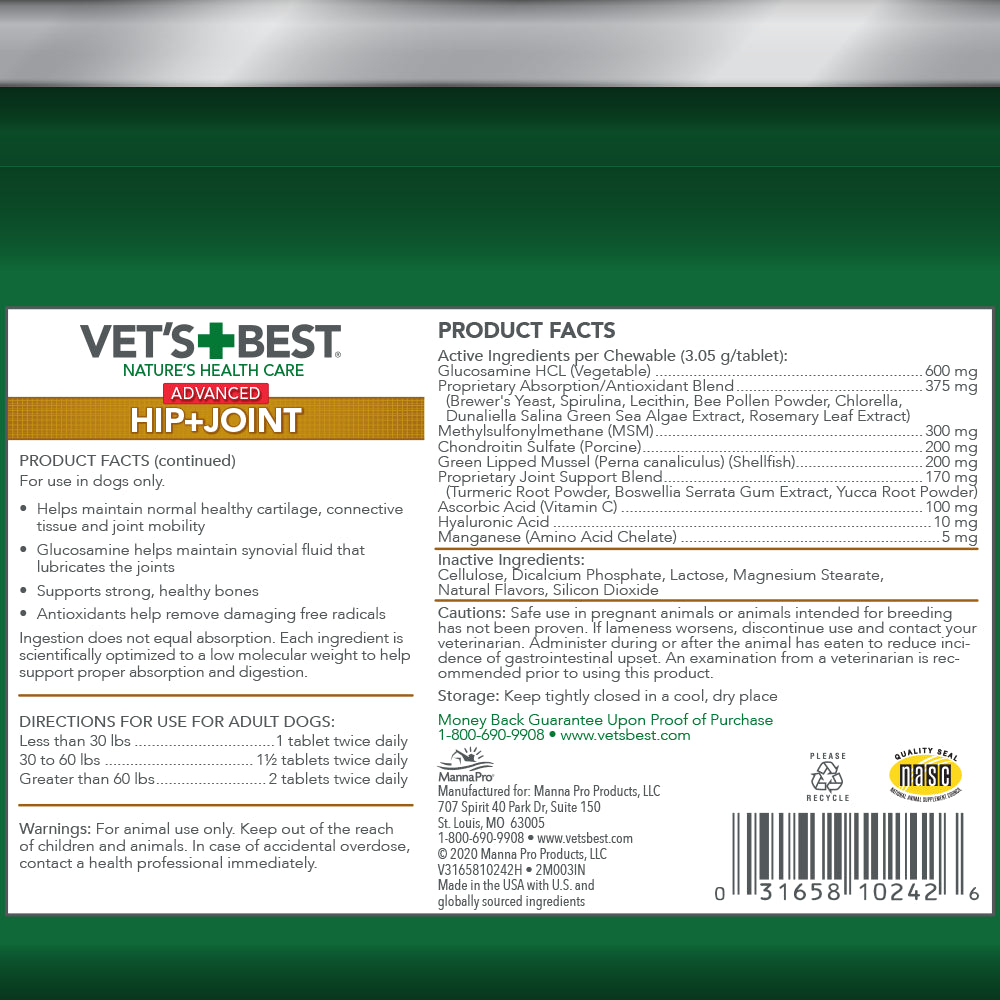 Vet'S Best Advanced Hip and Joint Dog Supplements, 90 Count