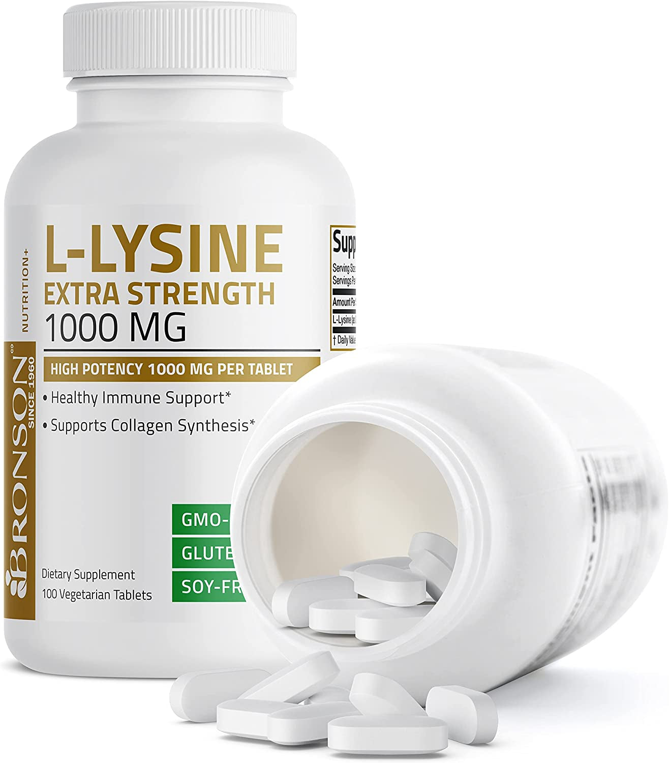 Bronson L-Lysine Extra Strength 1000 MG per Tablet High Potency, Immune Support & Supports Collagen Synthesis, Non-Gmo, 100 Vegetarian Tablets