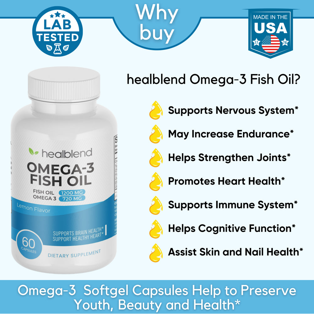 Healblend Premium Omega 3 Fish Oil Supplements with EPA & DHA - High Potency Promotes Brain & Heart Health, Lemon Flavor, One-A-Day - 60 Soft Gels