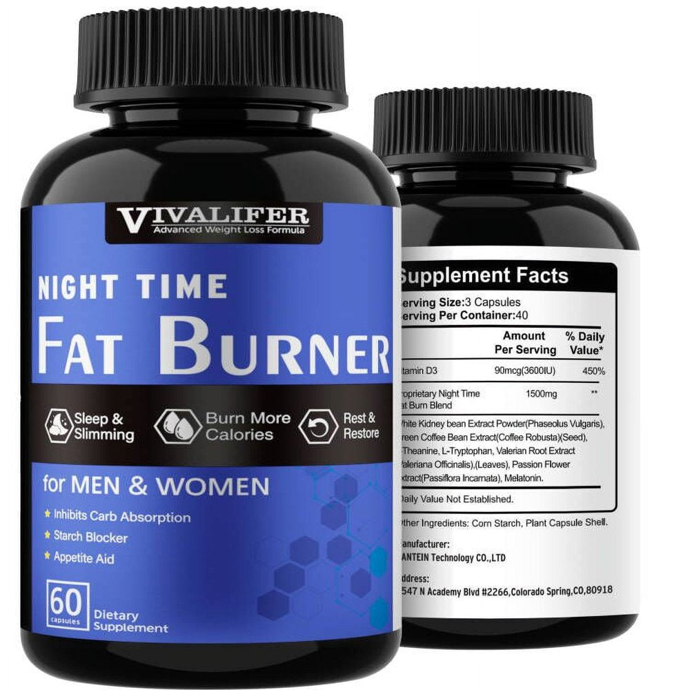 VIVALIFER Night Time Fat Burner, Appetite Suppressant for Weight Loss, Sleep Aid Supplement, Boost Metabolism, Weight Loss Pills for Women and Men, 120 Capsules