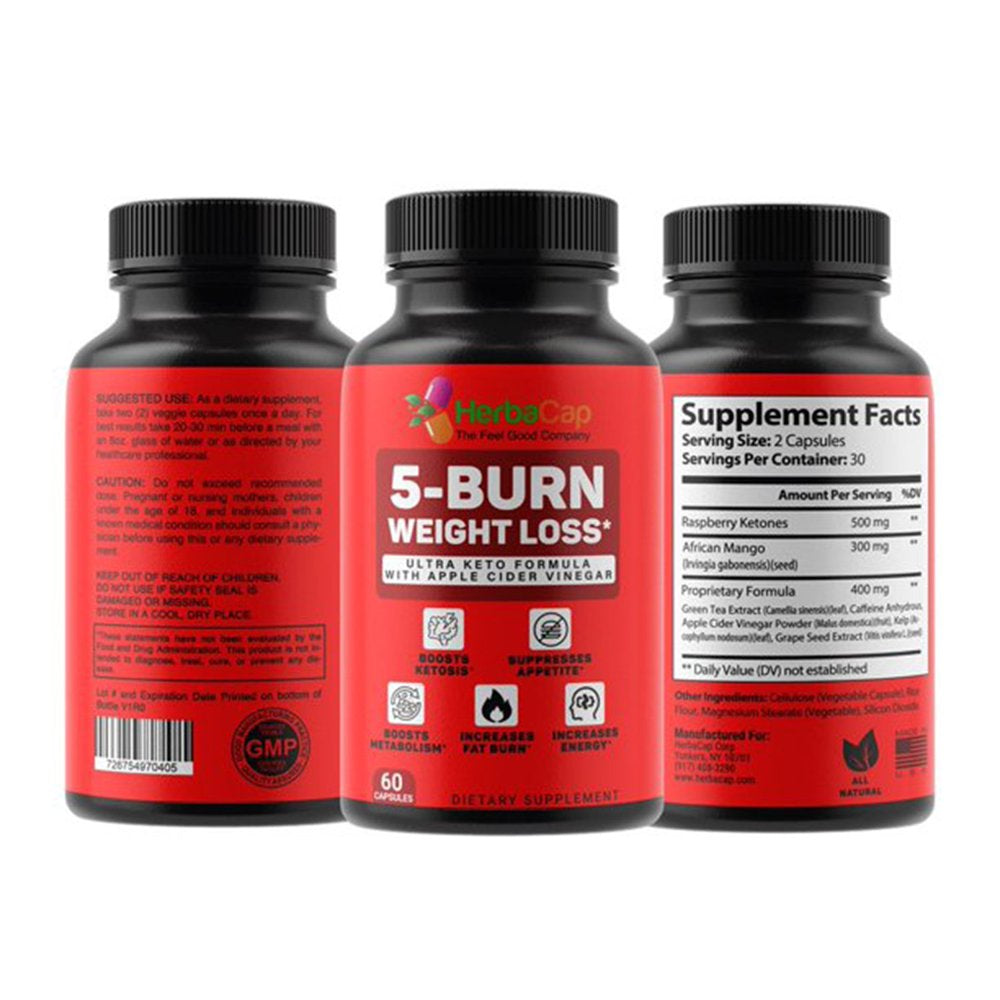 Herbacap 5-Burn Weight Loss Supplement with Unique Keto Formula (2 Pack), Burn Fat with Apple Cider Vinegar Capsules, Raspberry Ketones, Natural ACV Supplement for Appetite Control