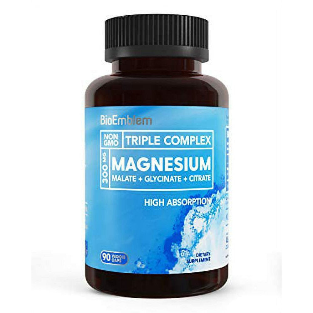 Bioemblem Triple Magnesium Complex | 300Mg of Magnesium Glycinate, Malate, & Citrate for Muscles, Nerves, & Energy | High Absorption | Vegan, Non-Gmo | 90 Capsules